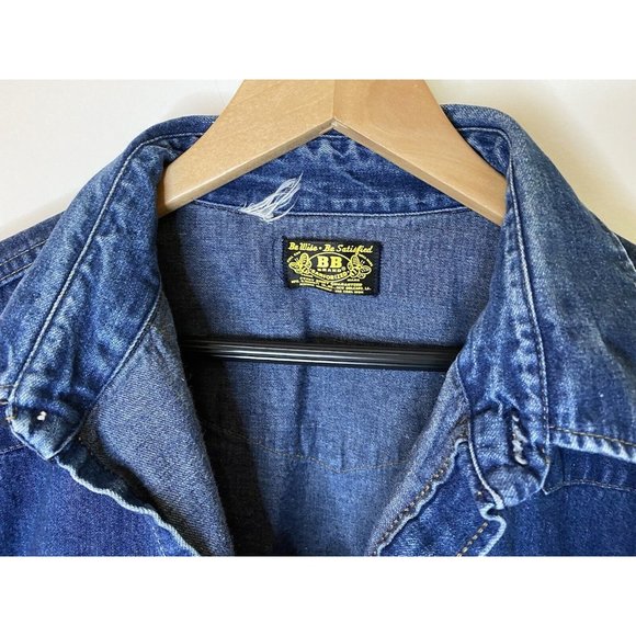 Vintage Men’s Sanforized Pearl Snap Denim Shirt Be Wise Be Satisfied Distressed - Picture 4 of 12